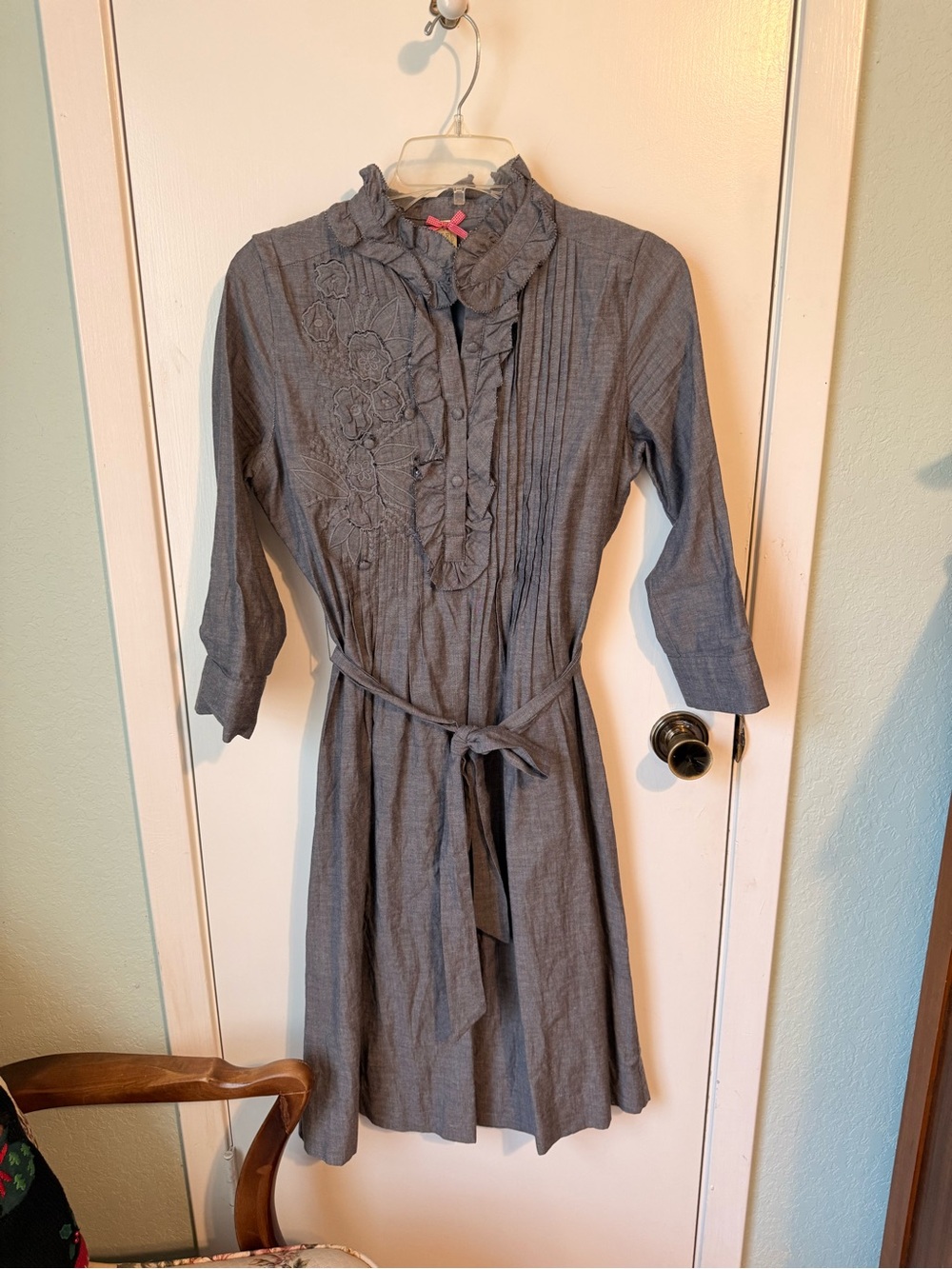 DownEast Blue Chambray Top with Pink Polka Dot Bow